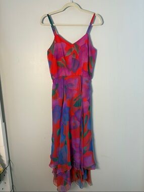 Purple & Red Floral High-Low Chiffon Dress with Scarf Detail